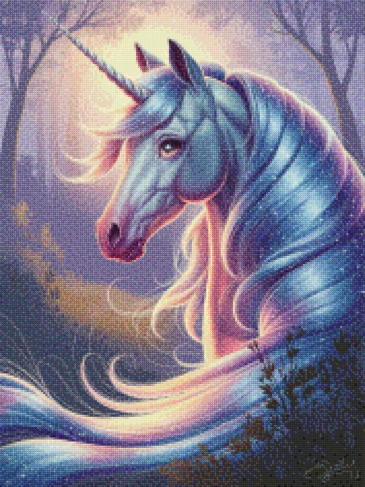 Diamond Painting – Verträumter Einhornkopf mit wallender Mähne