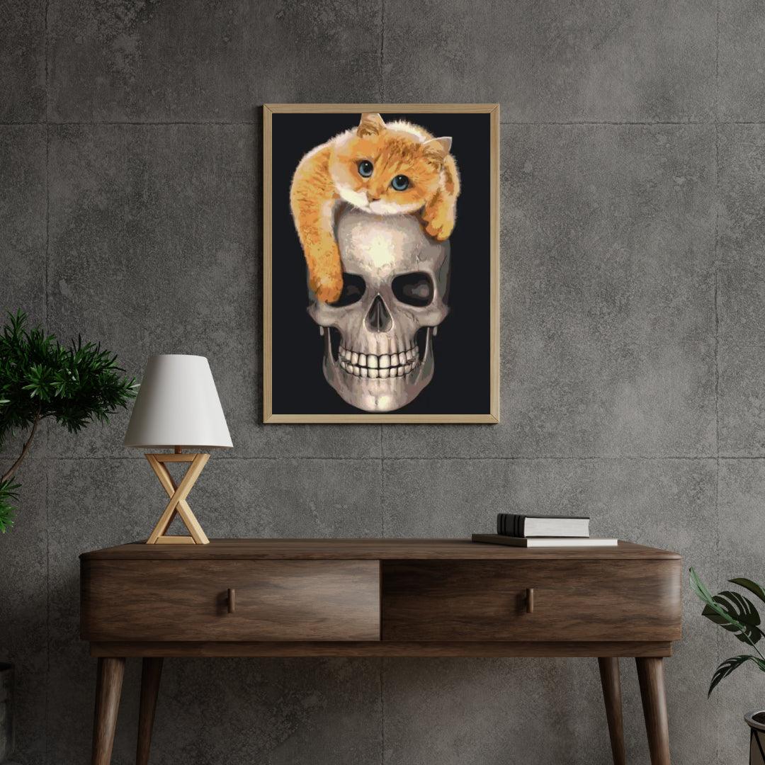 Diamantmalerei - Katze auf dem Totenkopf - SEOS®