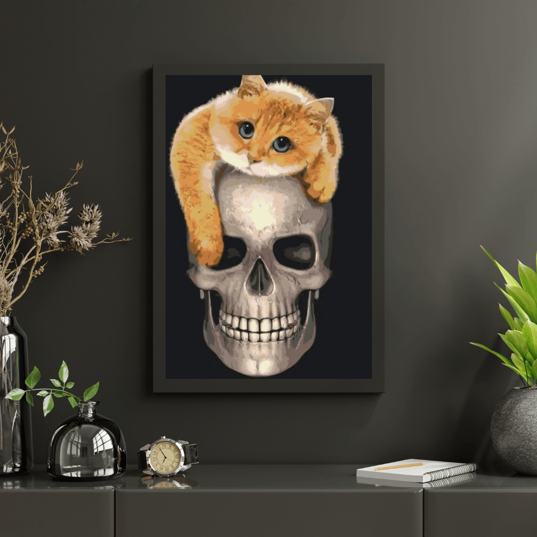 Diamantmalerei - Katze auf dem Totenkopf - SEOS®