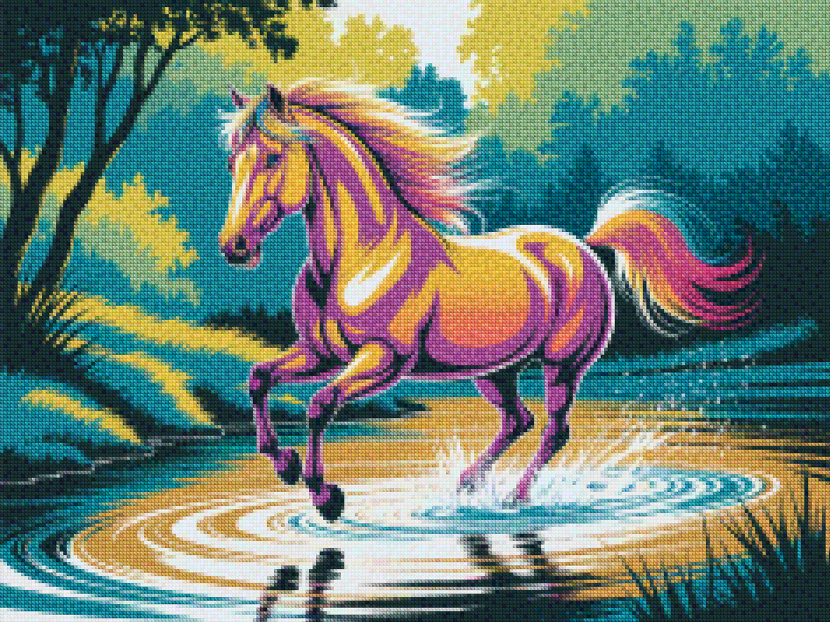 Diamantmalerei – Buntes Pferd galoppiert durchs Wasser