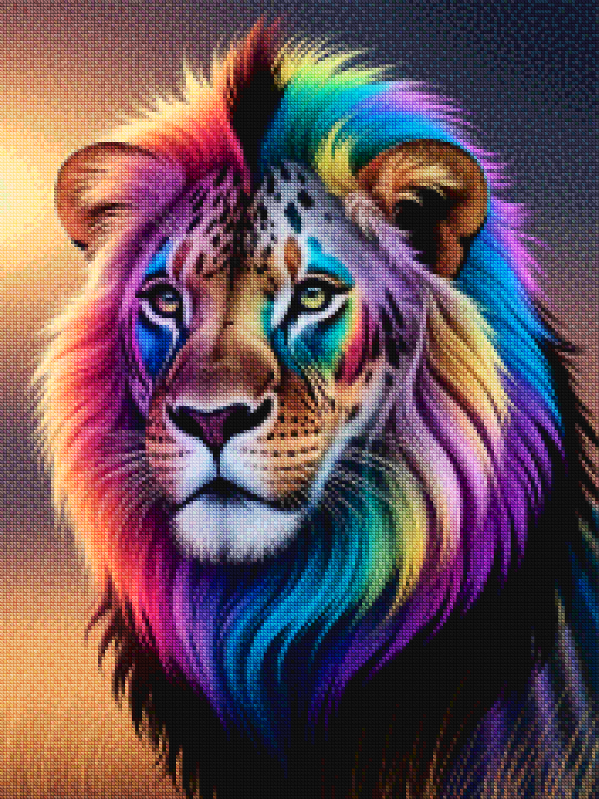 Diamantmalerei – Regenbogen-Löwengesicht mit hellen, wirbelnden Farben