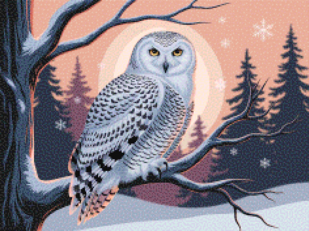 Diamantmalerei – Schneeeule mit durchdringenden gelben Augen