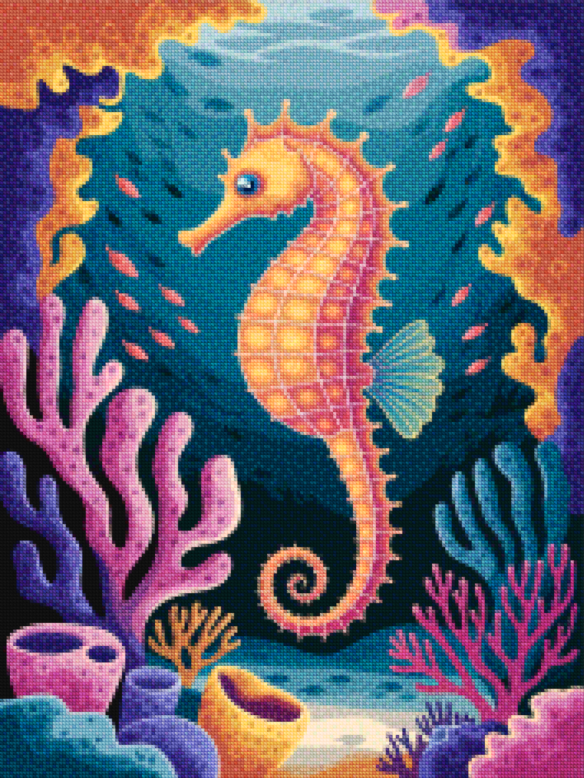 Diamantmalerei – Seepferdchen in einem bunten Korallenriff