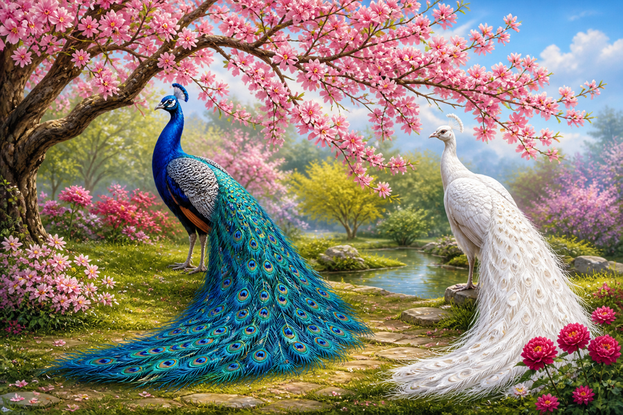 Diamond Painting Twee Pauwen bij de Bloesemboom – een blauwe en witte pauw onder een bloesemboom
