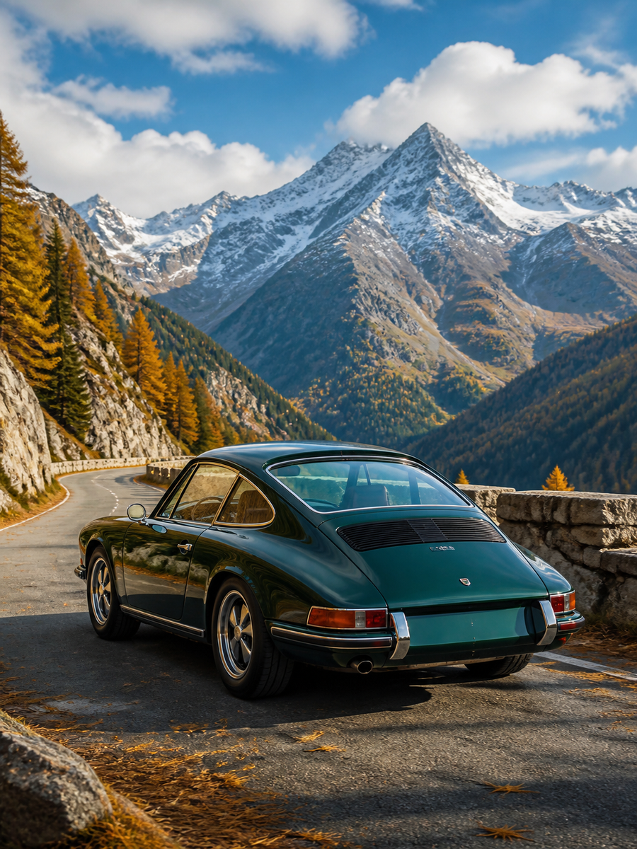 Diamond Painting Klassieke Porsche 911 in de Alpen met klassieke donkergroene Porsche 911 op een Alpenpas