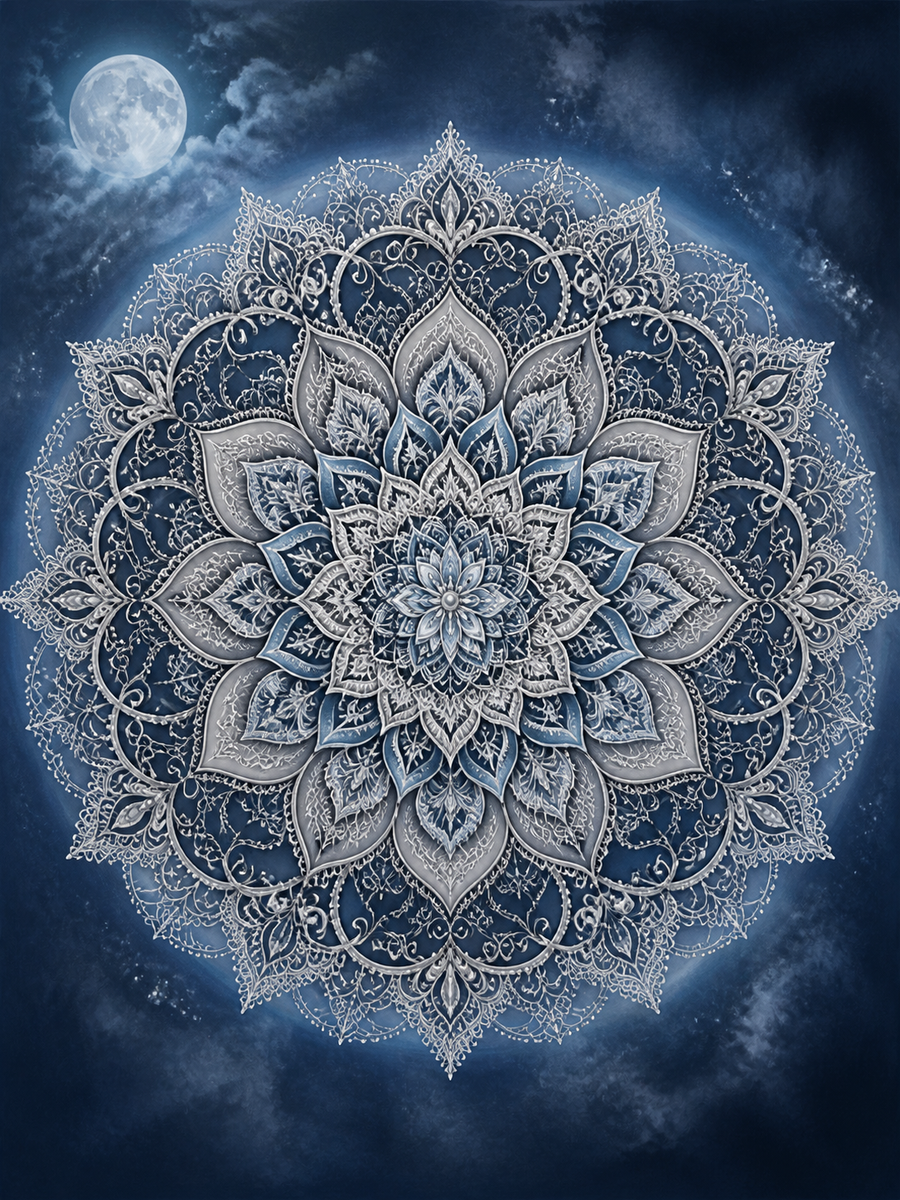 Diamond Painting Maanblauwe Kantmandala – een zilverblauwe kantmandala op een donkere maanverlichte achtergrond
