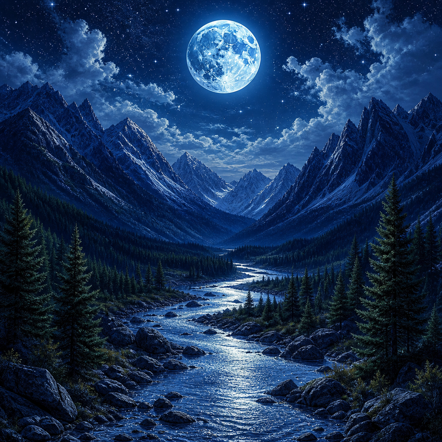 Diamond Painting Maanlicht boven het Bergdal – volledig natuurontwerp
