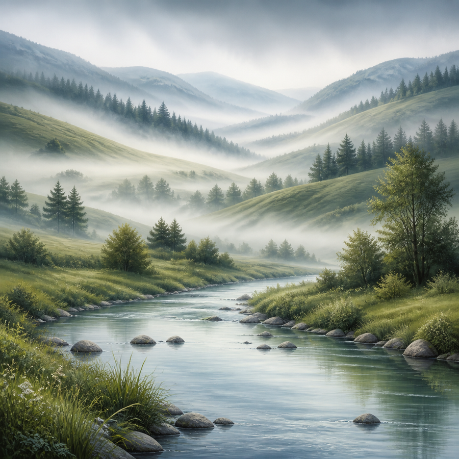 Diamond Painting Mistige Vallei met Rivier – volledig natuurontwerp