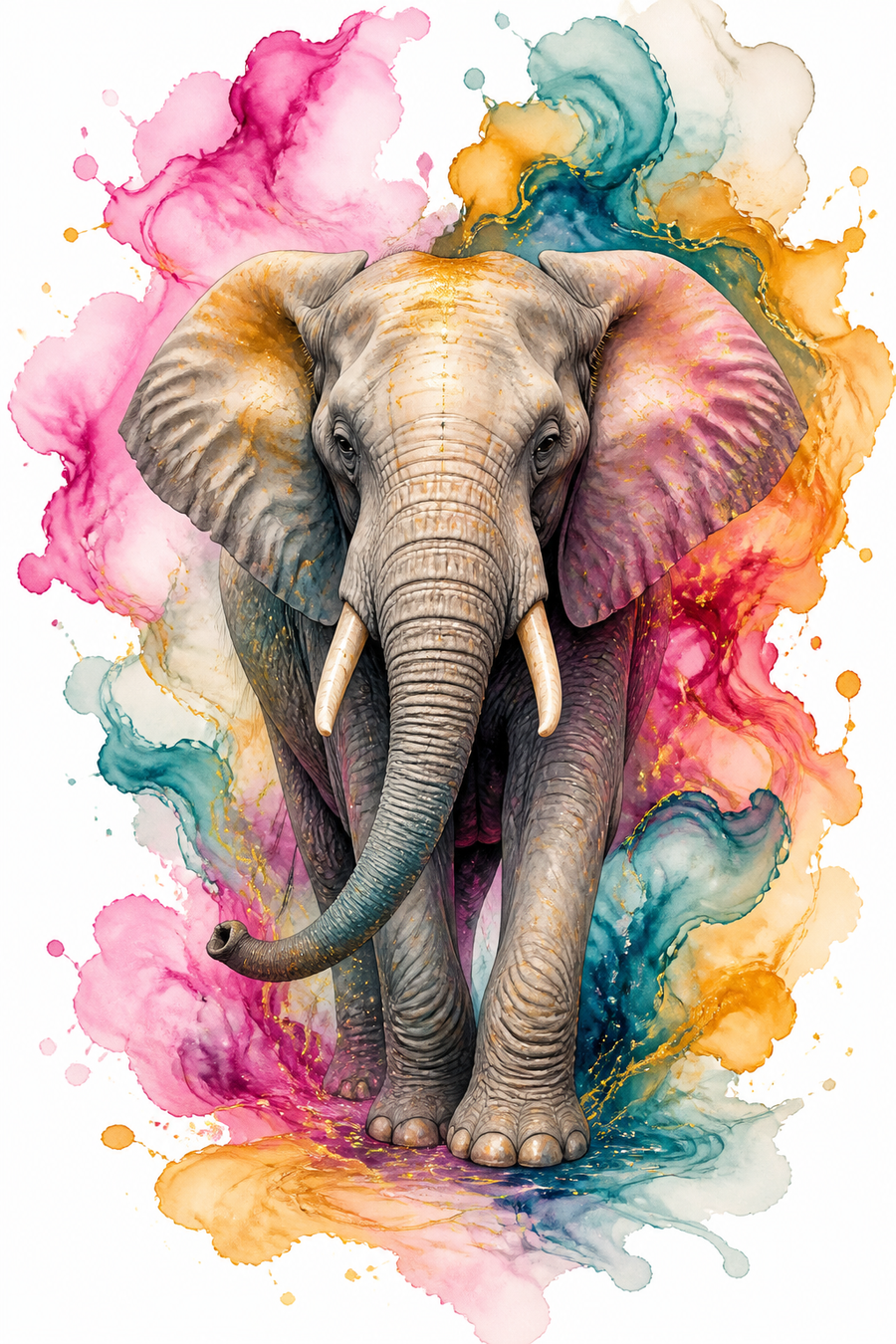 Diamond Painting Kleurrijke Olifant met Inktbloemen – volledig olifantontwerp