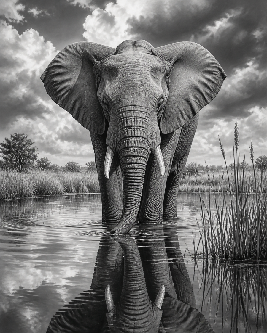 Diamond Painting Olifant bij het Water Zwart Wit – volledig zwart-witontwerp