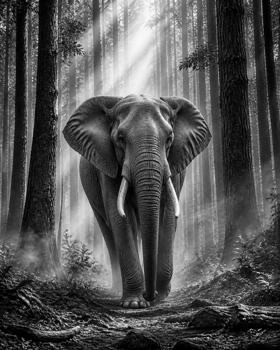 Diamond Painting Olifant in het Mistbos – volledig zwart-witontwerp