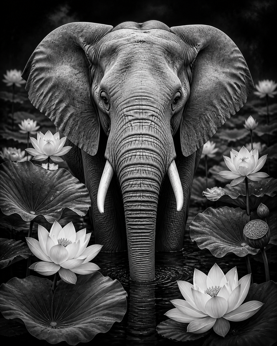 Diamond Painting Olifant met Lotusbloemen Zwart Wit – volledig zwart-witontwerp