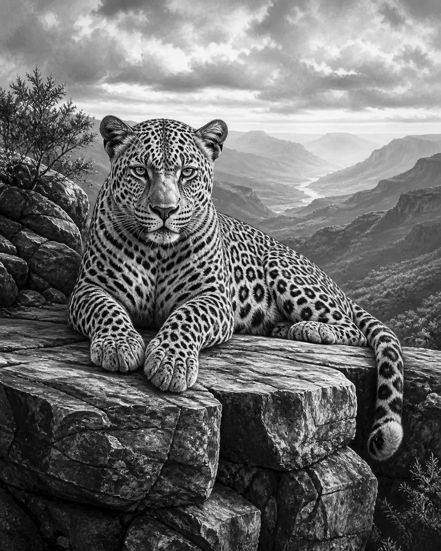 Diamond Painting Luipaard op de Rots Zwart Wit – volledig zwart-witontwerp