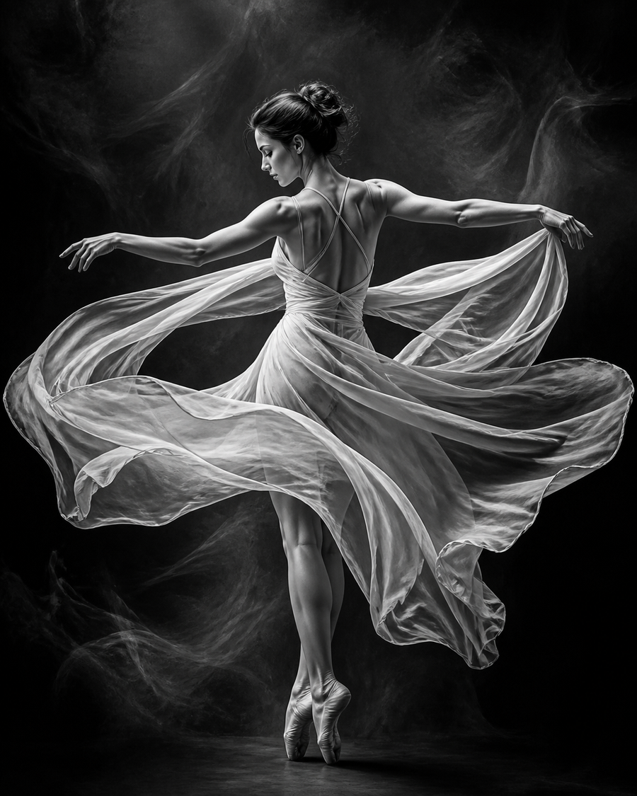 Diamond Painting Danseres met Wapperende Stof Zwart Wit – volledig zwart-witontwerp