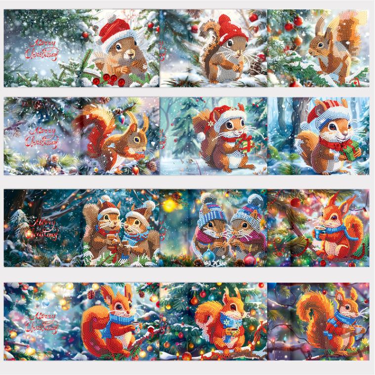 diamond painting 12 kerstkaarten - kerst eekhoorn set – afbeelding 10