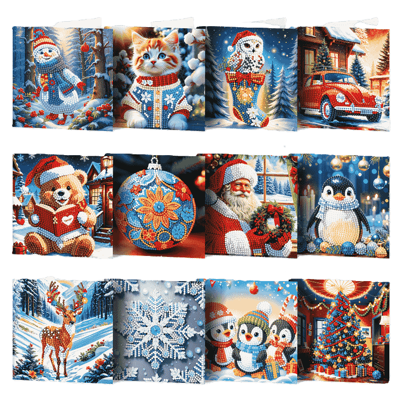 diamond painting 12 kerstkaarten - kerstman & diertjes set – afbeelding 1