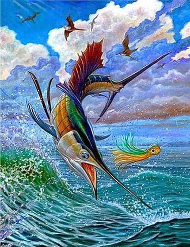 Diamond Painting Springender Segelfisch und Fliegende Fische - SEOS Shop ®
