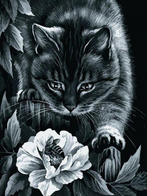 Diamantmalerei Schwarze Katze mit Blume und Biene - SEOS Shop ®