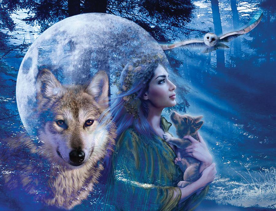 Diamond Painting Frau mit Wolf und Eule - SEOS Shop®