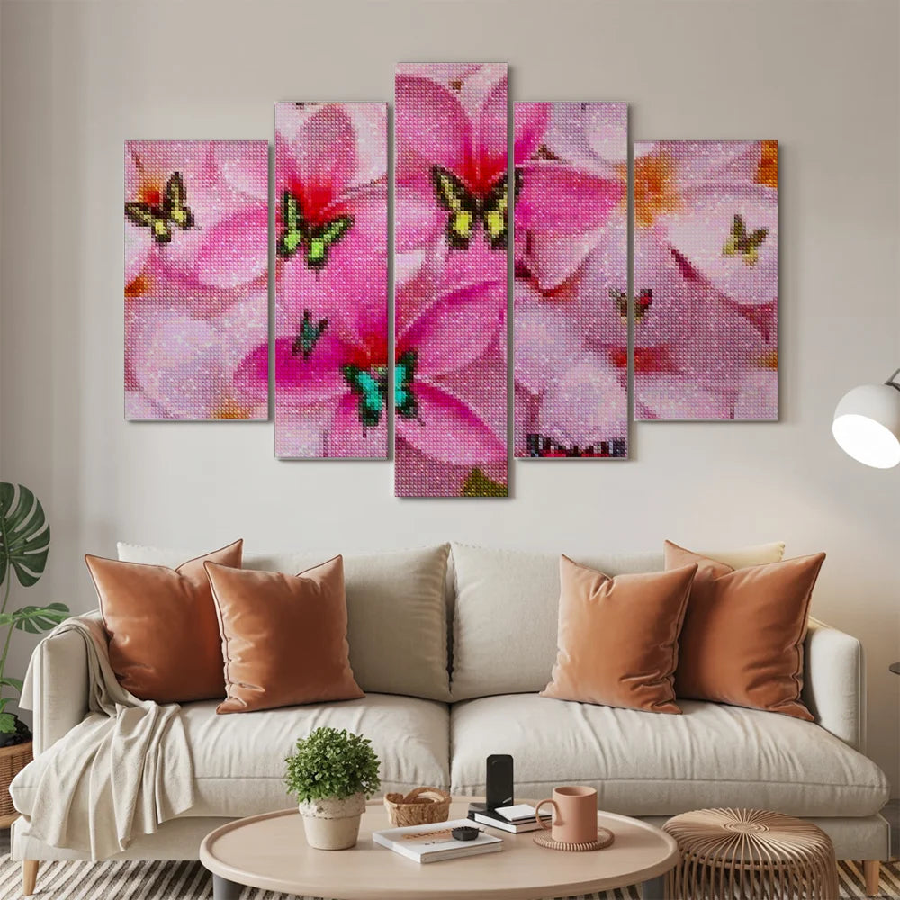 Diamantmalerei Farbige Schmetterlinge auf rosa Blumen 5-teilig - SEOS Shop ®