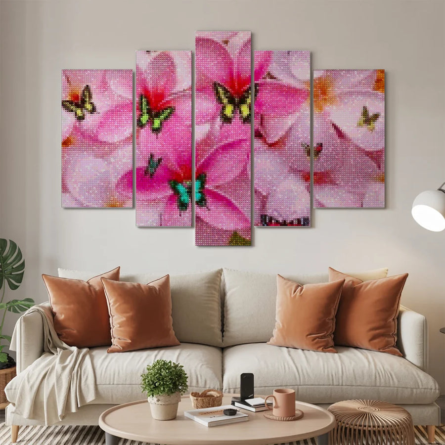 Diamantmalerei Farbige Schmetterlinge auf rosa Blumen 5-teilig - SEOS Shop ®