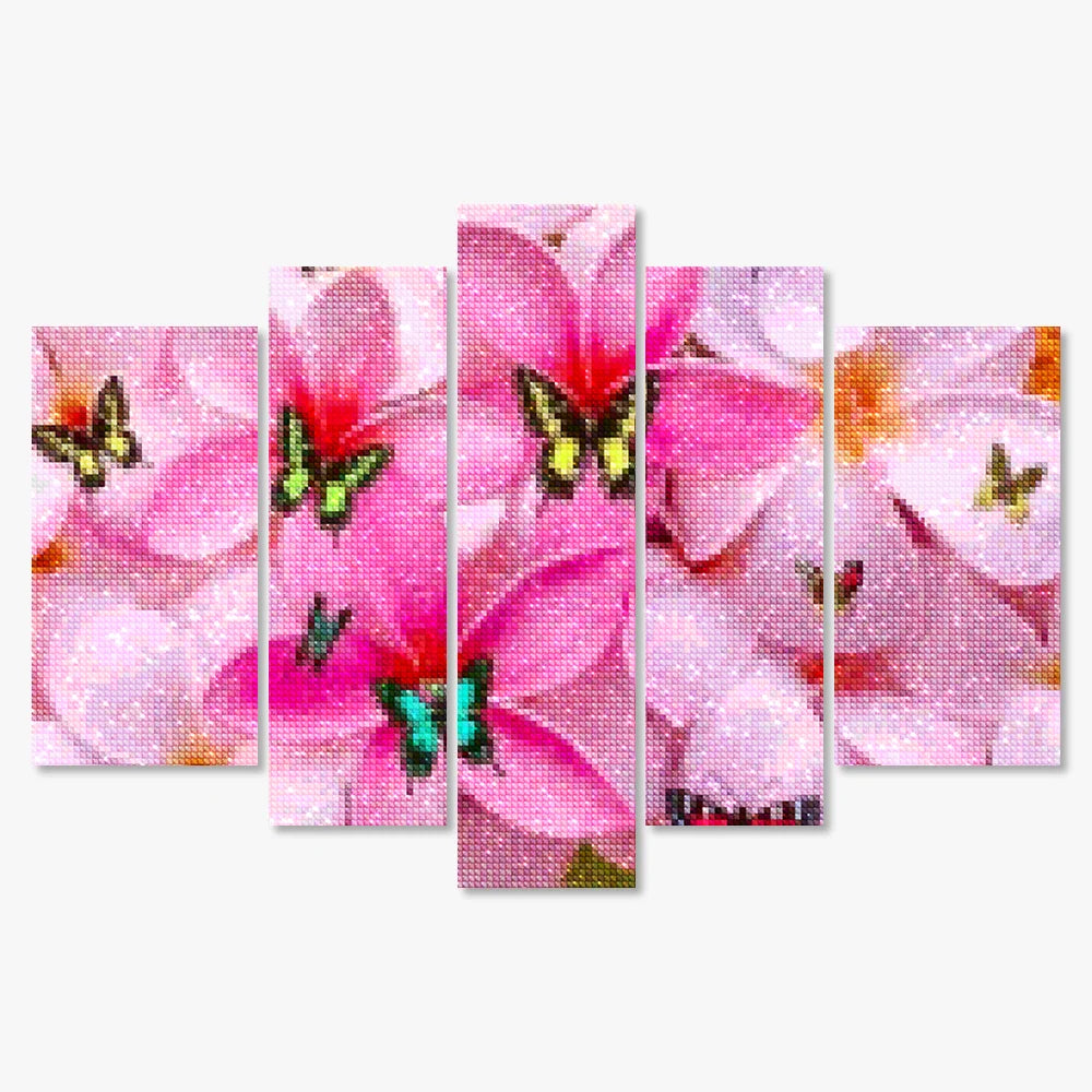 Diamantmalerei Farbige Schmetterlinge auf rosa Blumen 5-teilig - SEOS Shop ®