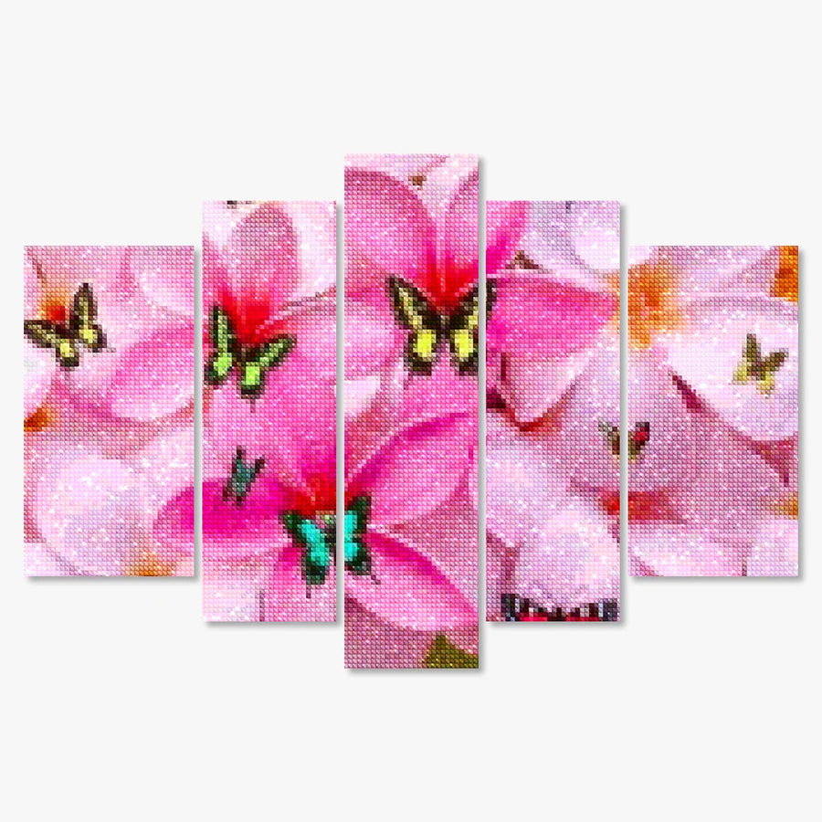 Diamantmalerei Farbige Schmetterlinge auf rosa Blumen 5-teilig - SEOS Shop ®