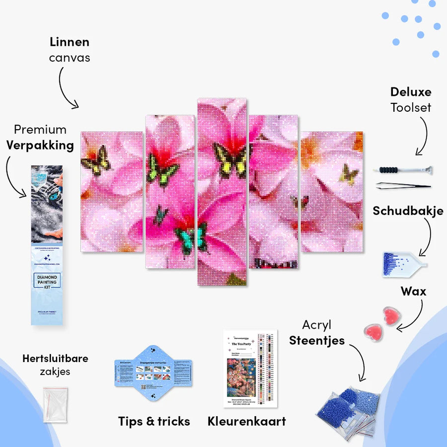 Diamantmalerei Farbige Schmetterlinge auf rosa Blumen 5-teilig - SEOS Shop ®