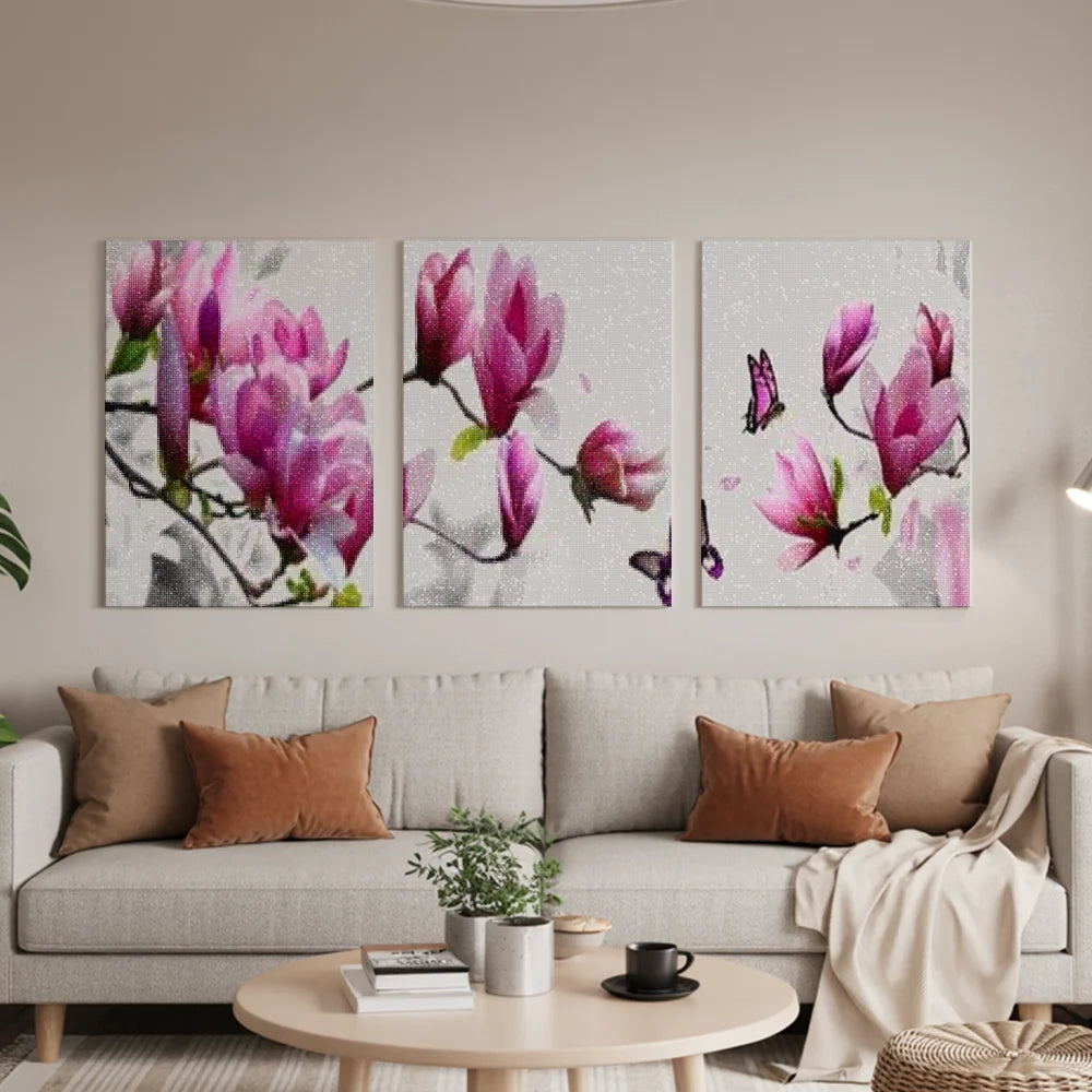 Diamantmalerei Rosa Blumen mit Schmetterling 3-teilig - SEOS Shop ®