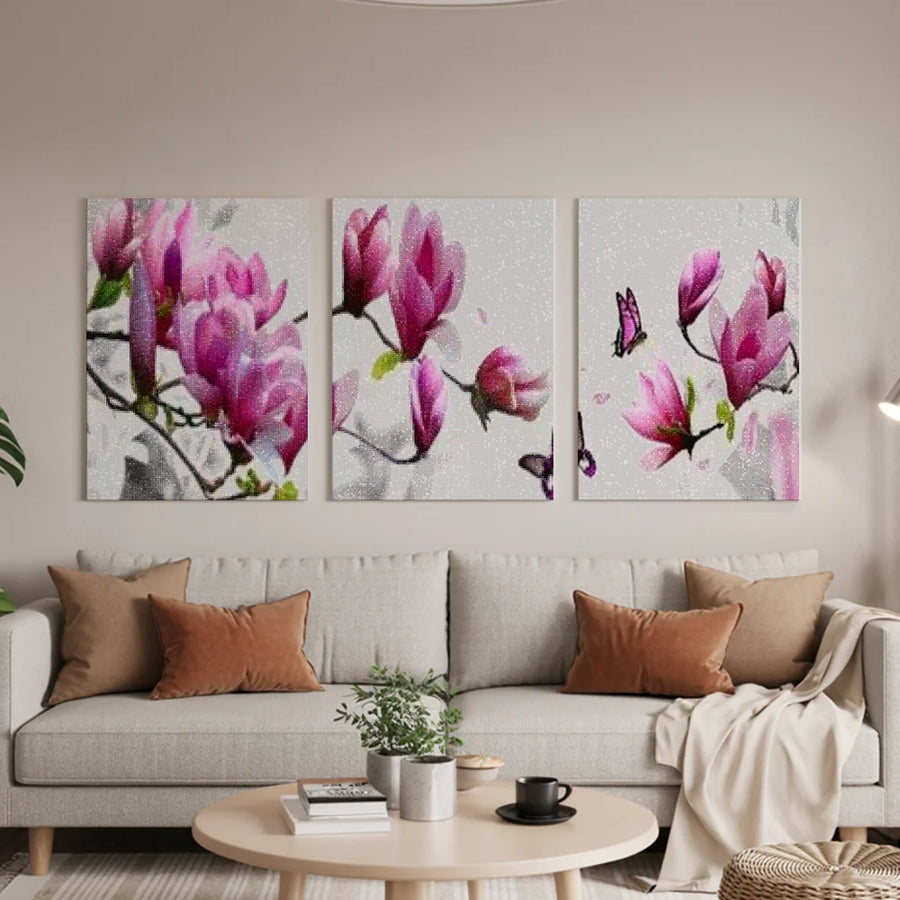 Diamantmalerei Rosa Blumen mit Schmetterling 3-teilig - SEOS Shop ®