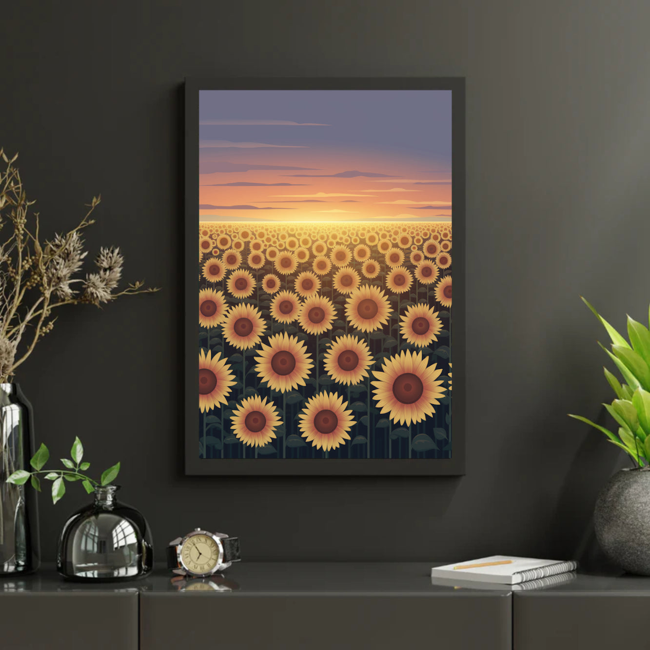 Diamantmalerei – Leuchtendes Sonnenblumenfeld in der Dämmerung