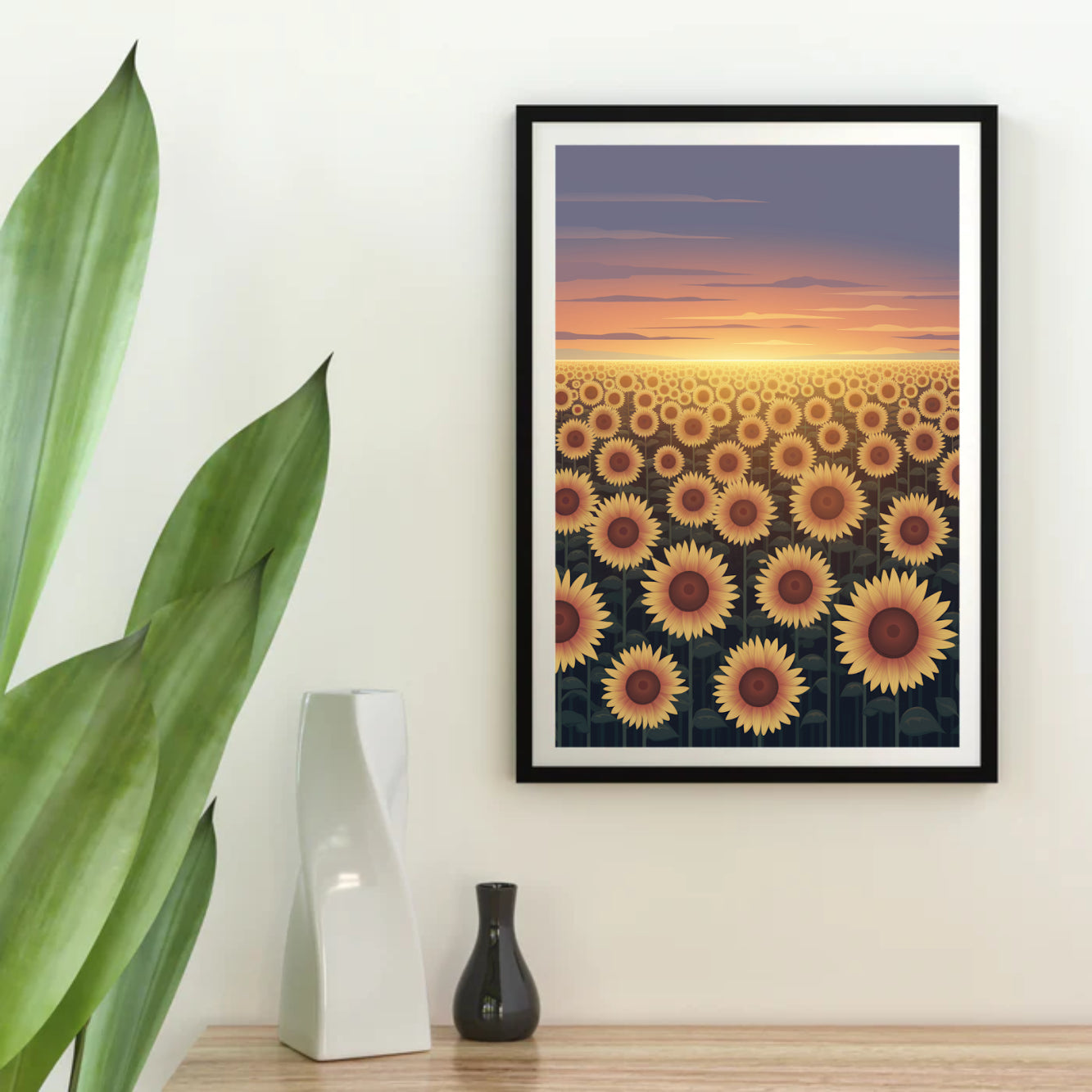 Diamantmalerei – Leuchtendes Sonnenblumenfeld in der Dämmerung