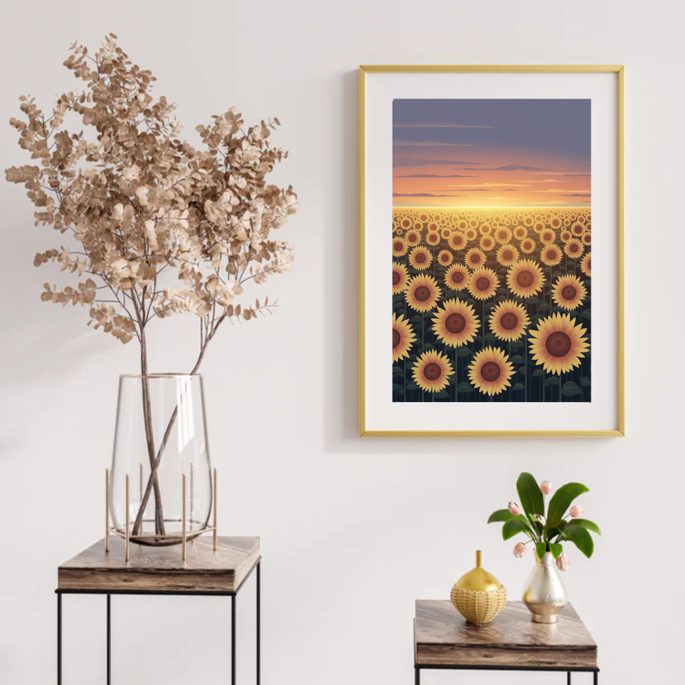 Diamantmalerei – Leuchtendes Sonnenblumenfeld in der Dämmerung