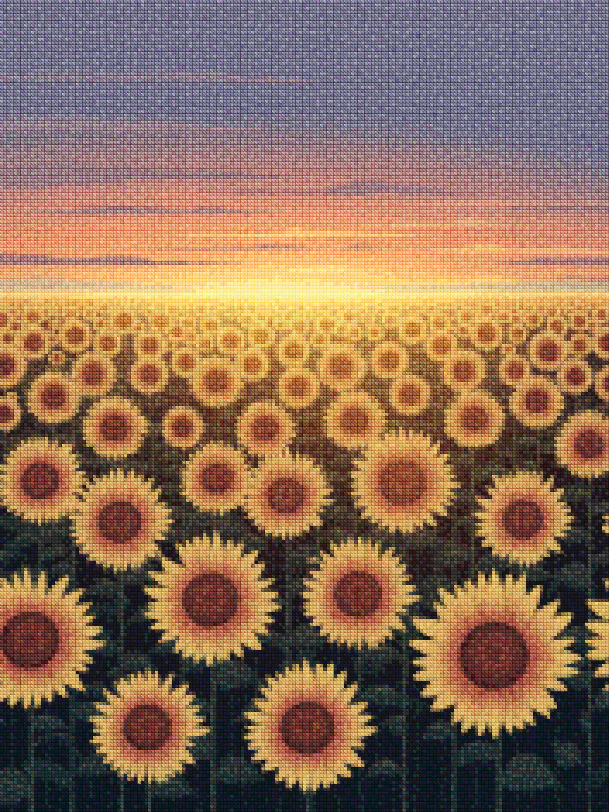 Diamantmalerei – Leuchtendes Sonnenblumenfeld in der Dämmerung