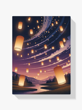 Diamantmalerei – Leuchtende Laternen, die am Nachthimmel schweben