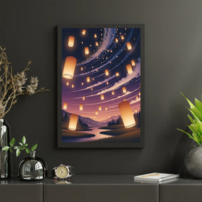 Diamantmalerei – Leuchtende Laternen, die am Nachthimmel schweben