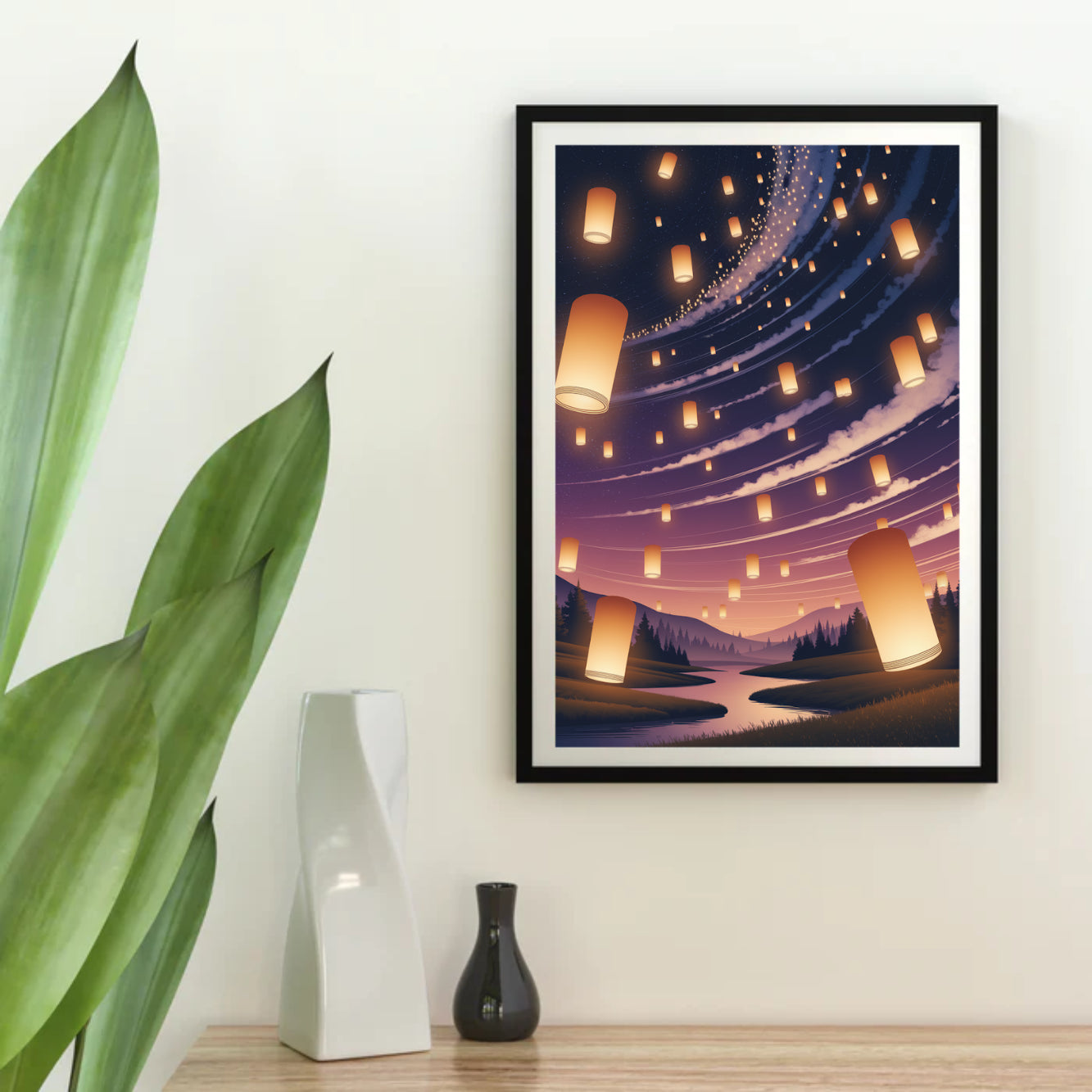 Diamantmalerei – Leuchtende Laternen, die am Nachthimmel schweben