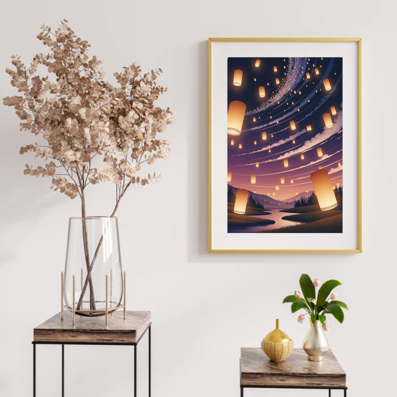 Diamantmalerei – Leuchtende Laternen, die am Nachthimmel schweben