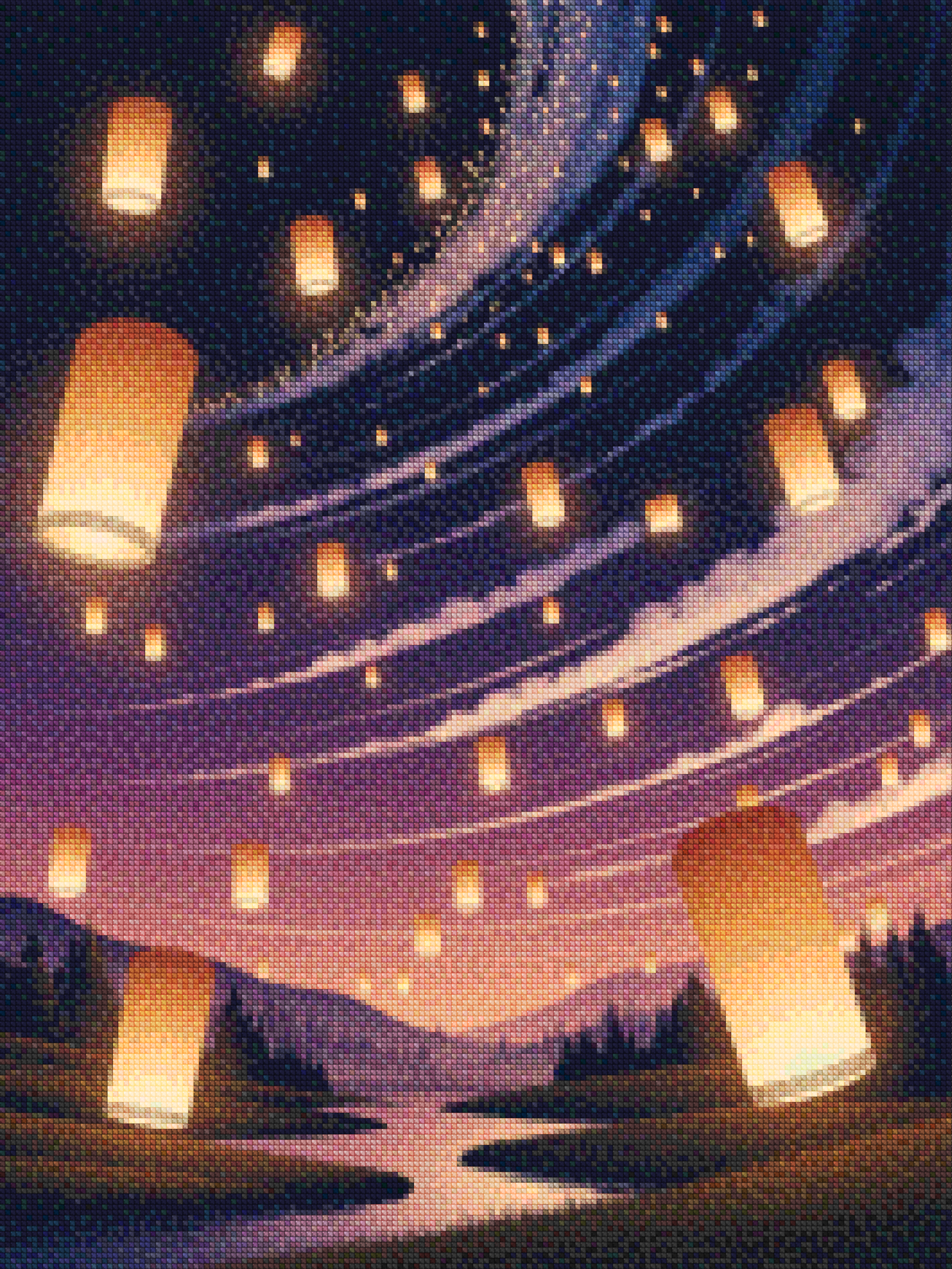 Diamantmalerei – Leuchtende Laternen, die am Nachthimmel schweben