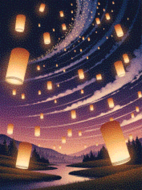 Diamantmalerei – Leuchtende Laternen, die am Nachthimmel schweben