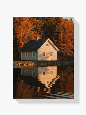 Diamantmalerei – Haus an einem See mit Spiegelungen im Wasser