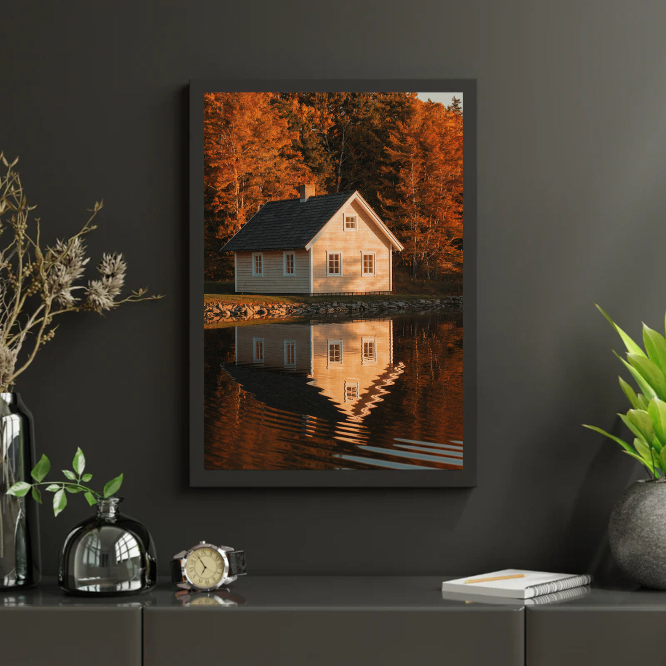 Diamantmalerei – Haus an einem See mit Spiegelungen im Wasser