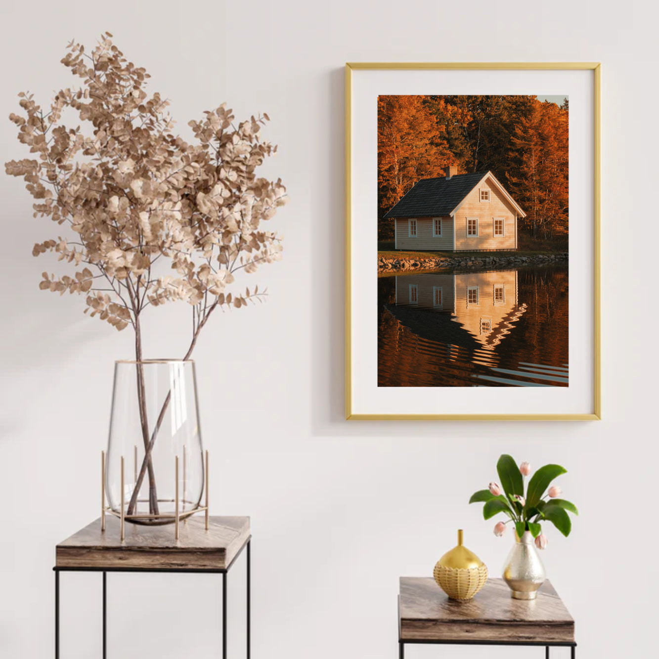 Diamantmalerei – Haus an einem See mit Spiegelungen im Wasser