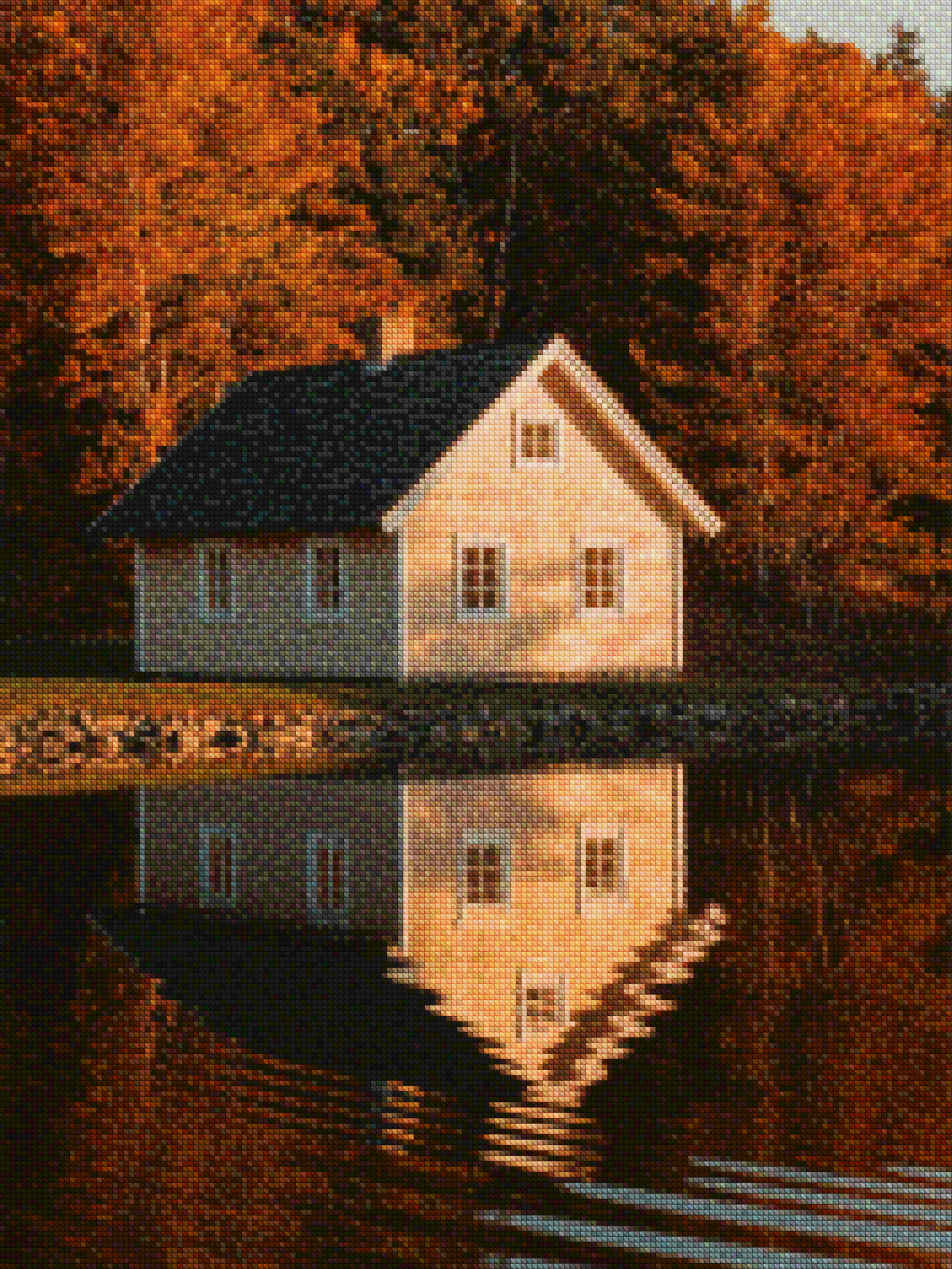 Diamantmalerei – Haus an einem See mit Spiegelungen im Wasser