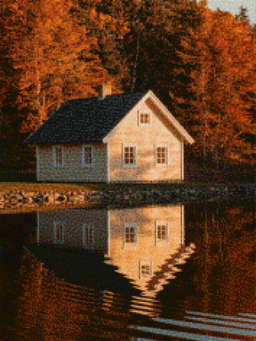 Diamantmalerei – Haus an einem See mit Spiegelungen im Wasser