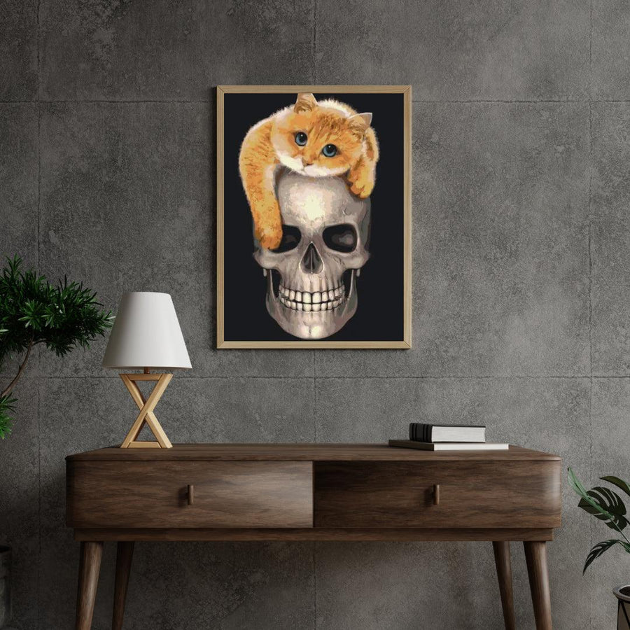 Diamantmalerei - Katze auf dem Totenkopf - SEOS®
