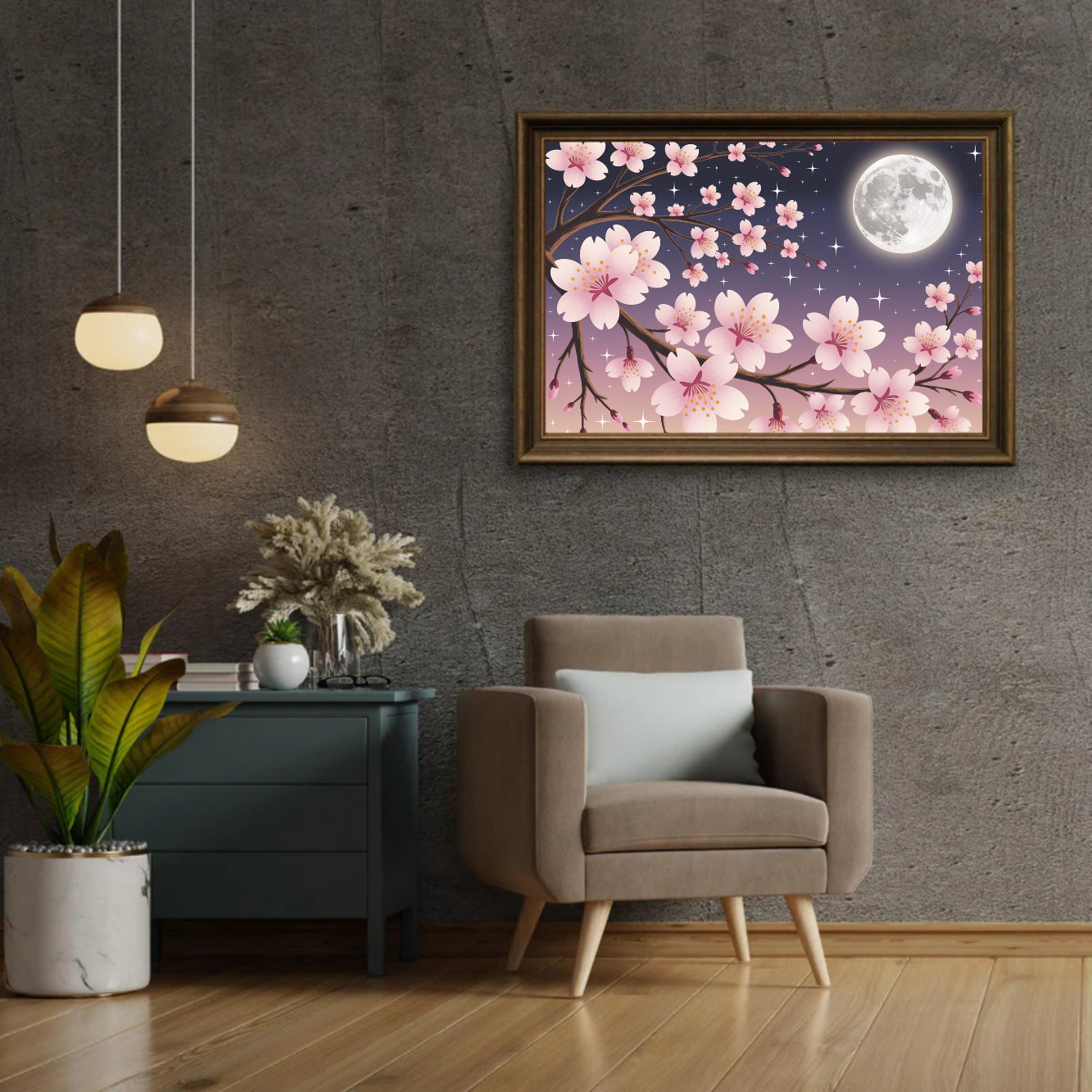 Diamantmalerei – Kirschblüten vor einem mondbeschienenen Himmel