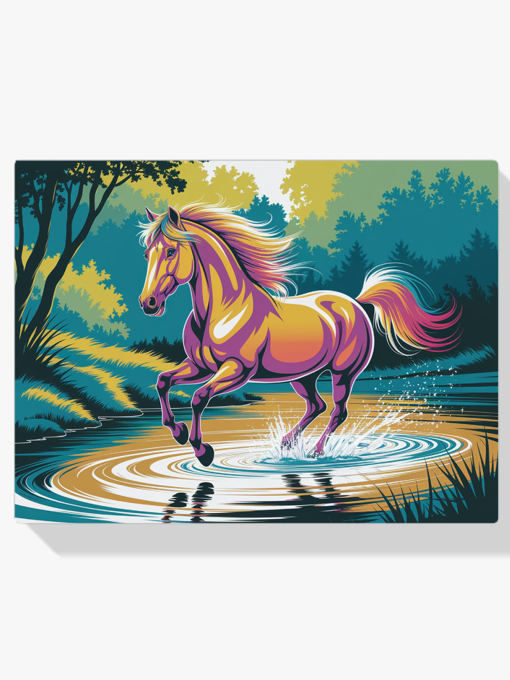 Diamantmalerei – Buntes Pferd galoppiert durchs Wasser