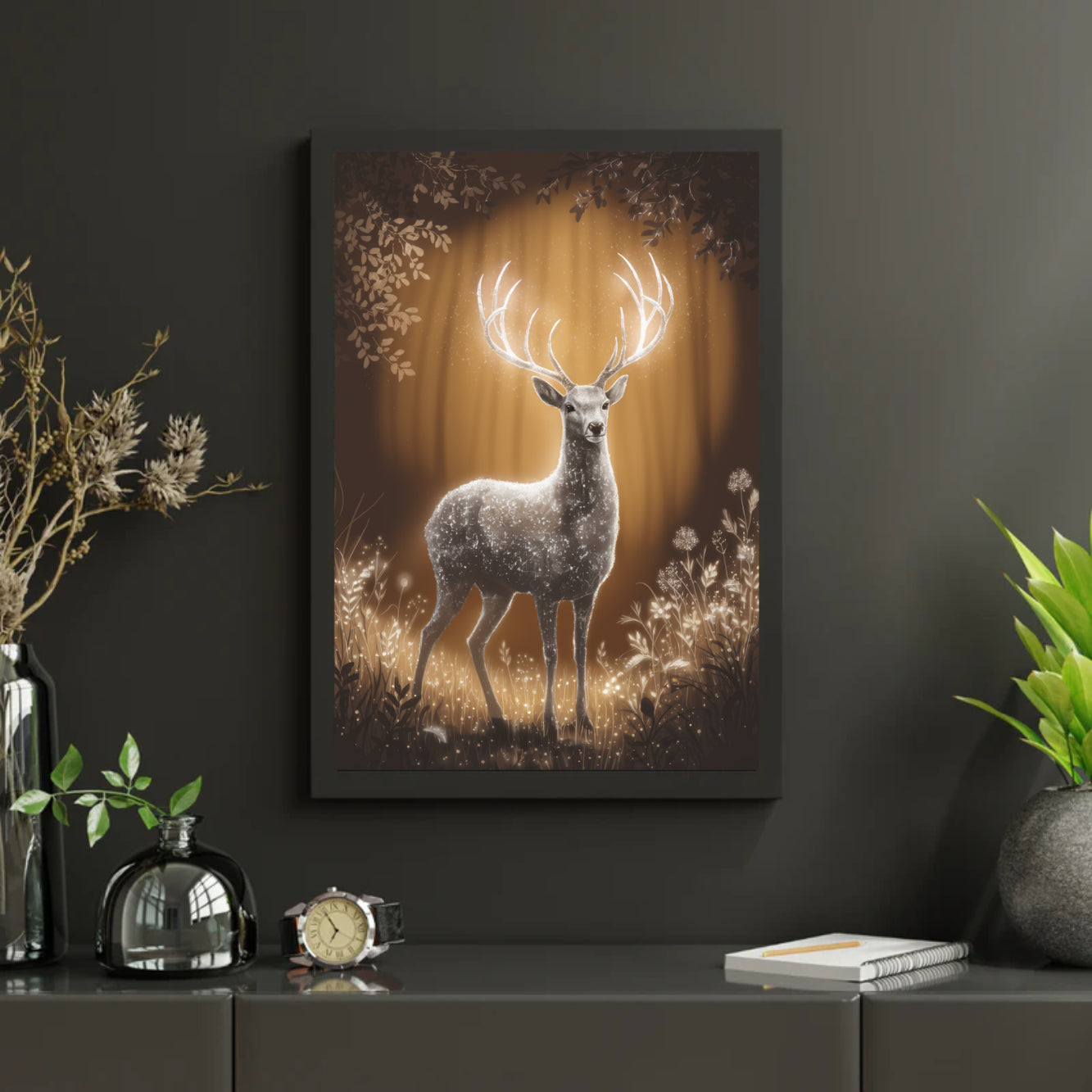 Diamantmalerei – Mystischer Hirsch mit leuchtendem Geweih
