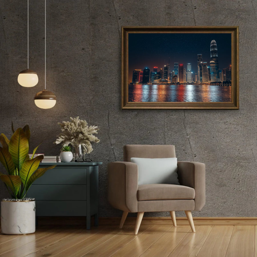 Diamantmalerei – Nachtstadtlandschaft mit Spiegelungen auf dem Wasser